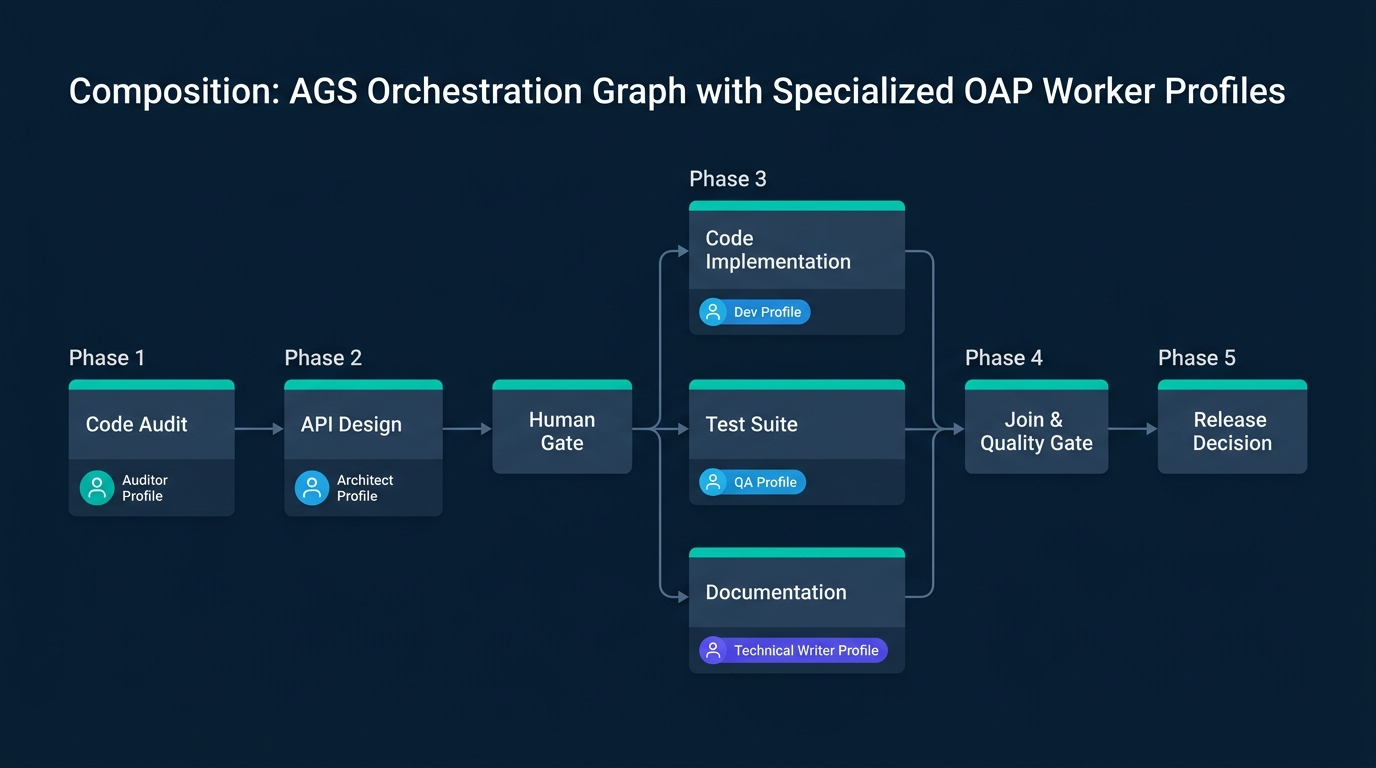 Composition: Orchestrating an AGS Execution Graph with Specialized OAP Worker Profiles