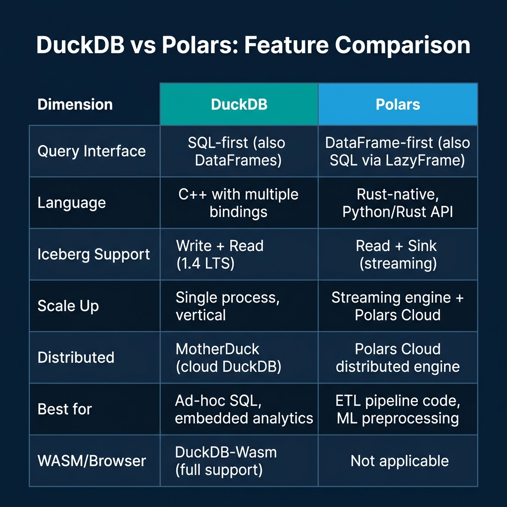 Feature comparison table showing DuckDB and Polars across query interface, language, Iceberg support, scale-up strategy, distributed option, best use case, and WASM browser support