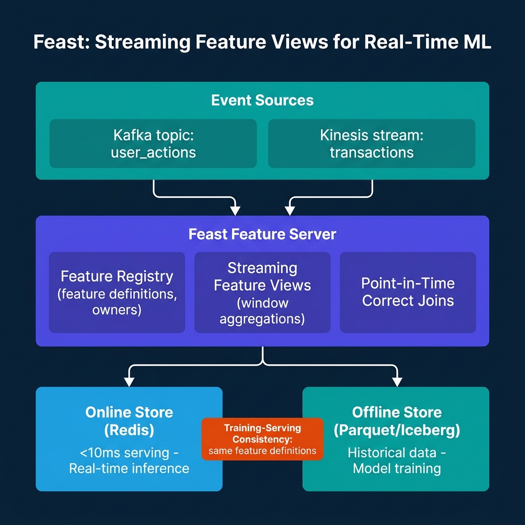 Feast streaming feature view architecture showing Kafka and Kinesis event sources feeding Feast Feature Server with streaming feature views and point-in-time correct joins, routing to Redis online store for <10ms real-time serving and Parquet/Iceberg offline store for model training