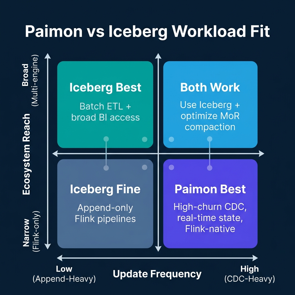 Two-by-two decision matrix showing Paimon as best choice for high-frequency CDC workloads with narrow Flink-focused ecosystem, and Iceberg as best for broad multi-engine access regardless of update frequency
